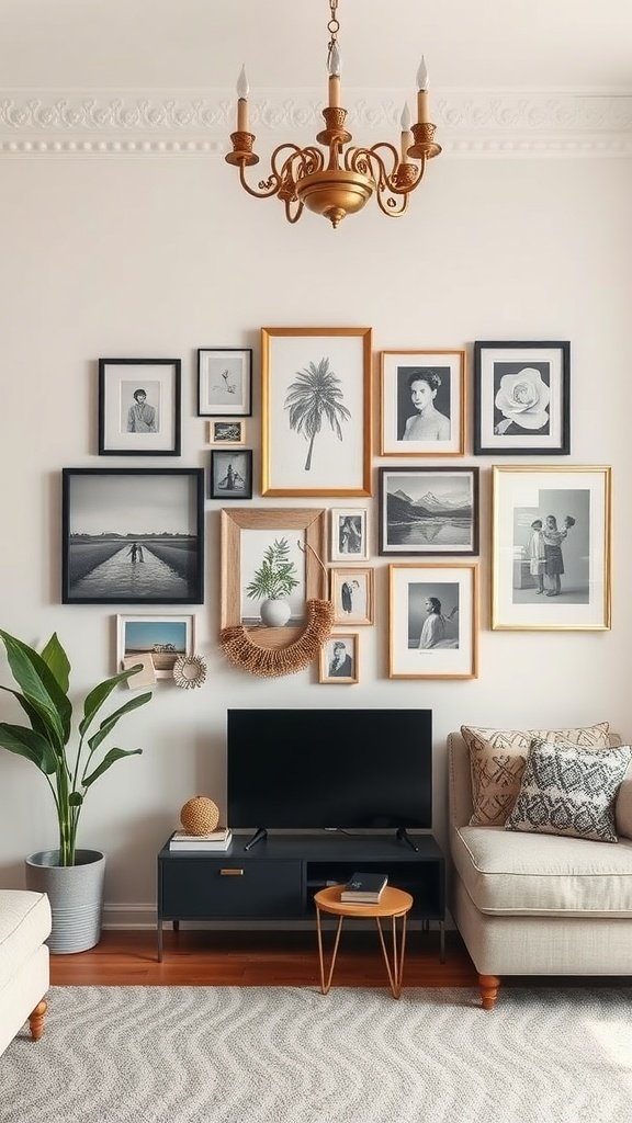 A stylish living room with a creative wall display featuring various framed artworks and pictures.