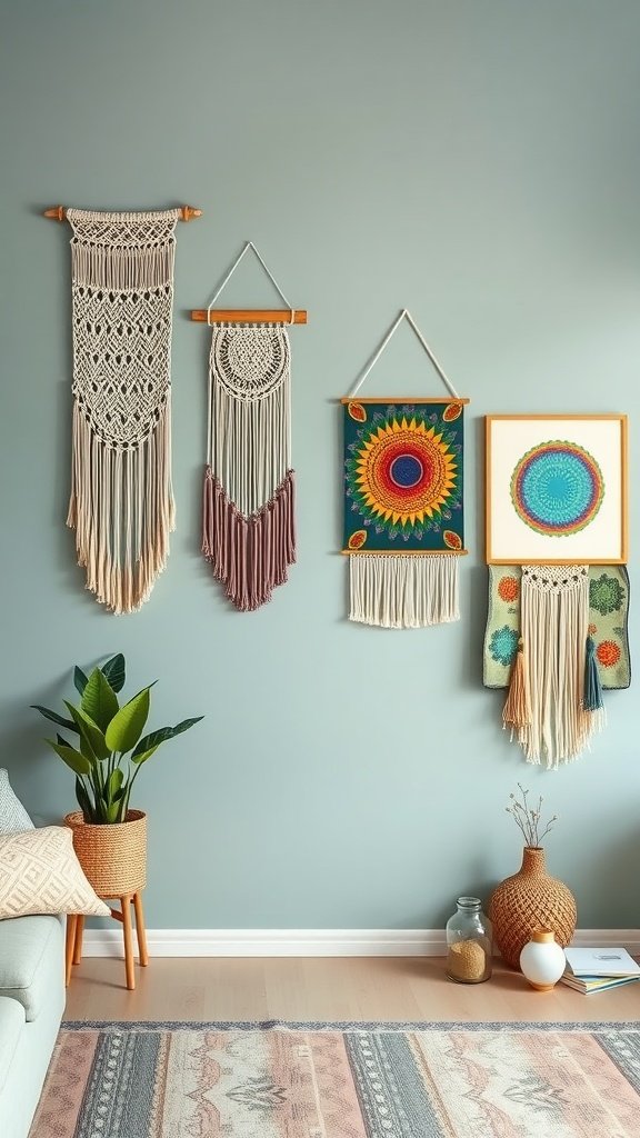 A colorful boho living room featuring artistic wall hangings, including macramé and vibrant fabric art.