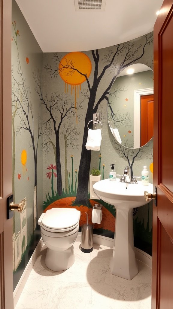A half bathroom with an artistic wall mural featuring mountains and the Eiffel Tower.