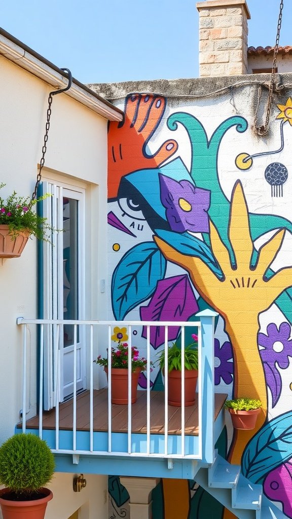 A small balcony featuring a colorful mural and plants.