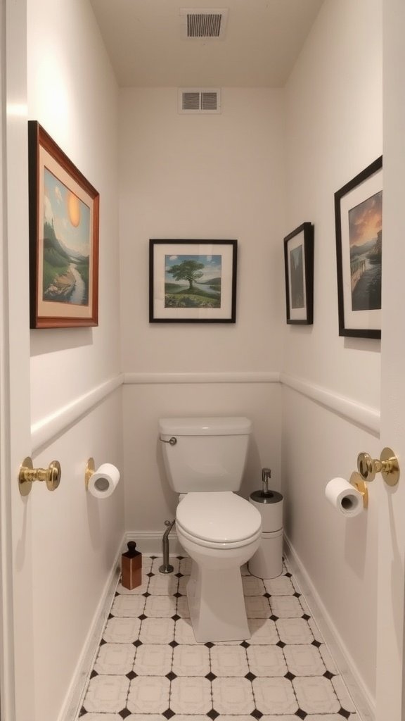 Small bathroom with framed artwork on white walls
