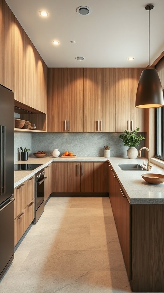 A modern kitchen featuring warm wooden cabinetry and a bright, inviting design.
