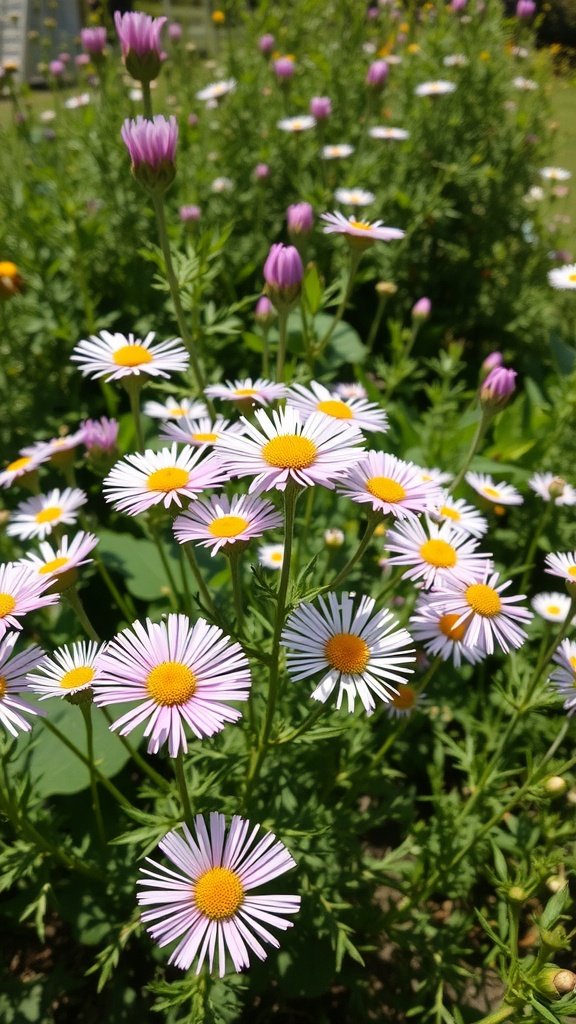 A vibrant display of asters with purple and white flowers in a sunny garden.