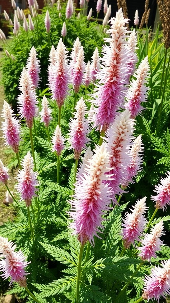 A vibrant display of Astilbe flowers with feathery plumes in various shades of pink against green foliage.