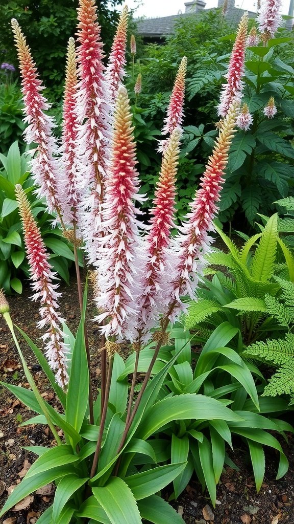 Astilbe flowers with plume-like appearance in a lush garden setting.