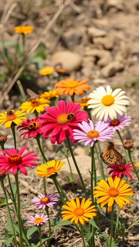 Colorful flowers with pollinators in a dry garden setting