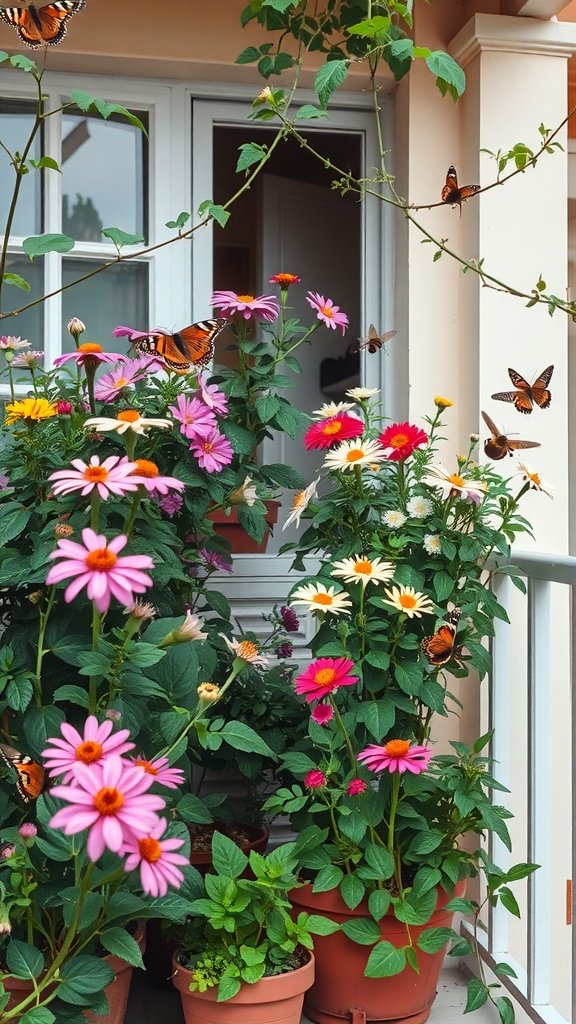 A balcony garden filled with colorful flowers and butterflies.