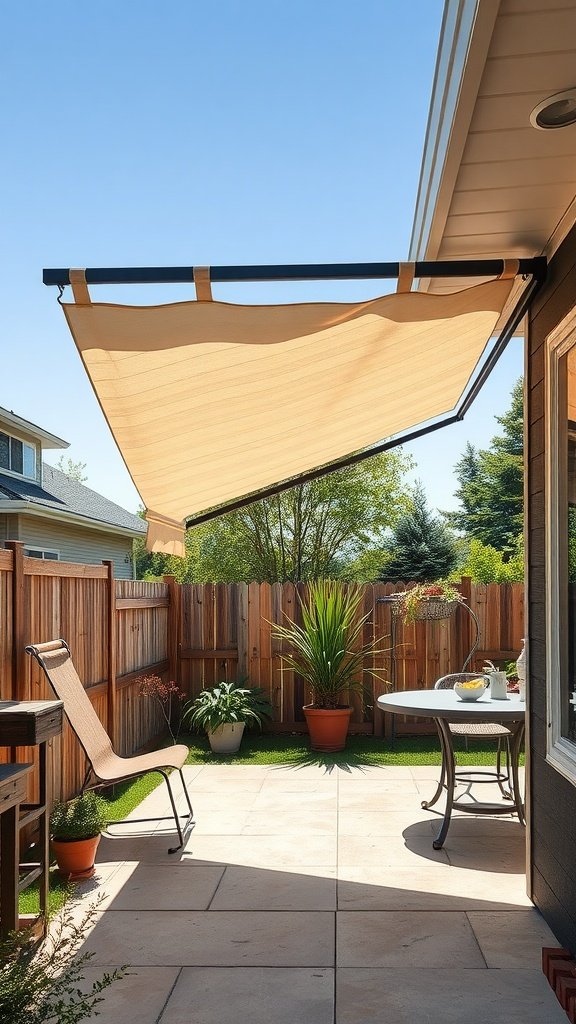Adjustable awning providing shade over a patio area.