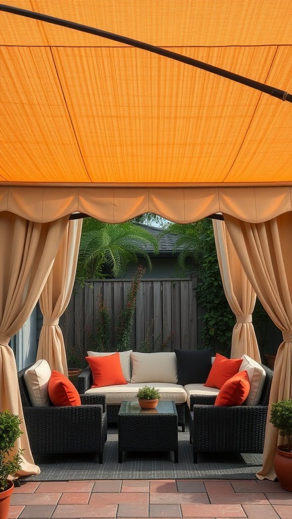 Cozy patio with an orange awning and side curtains, featuring comfortable furniture and decorative plants.