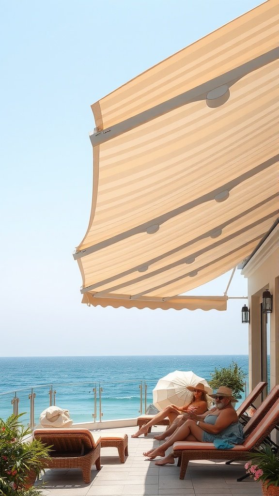A sunny patio with a large awning providing shade to two people lounging on chairs