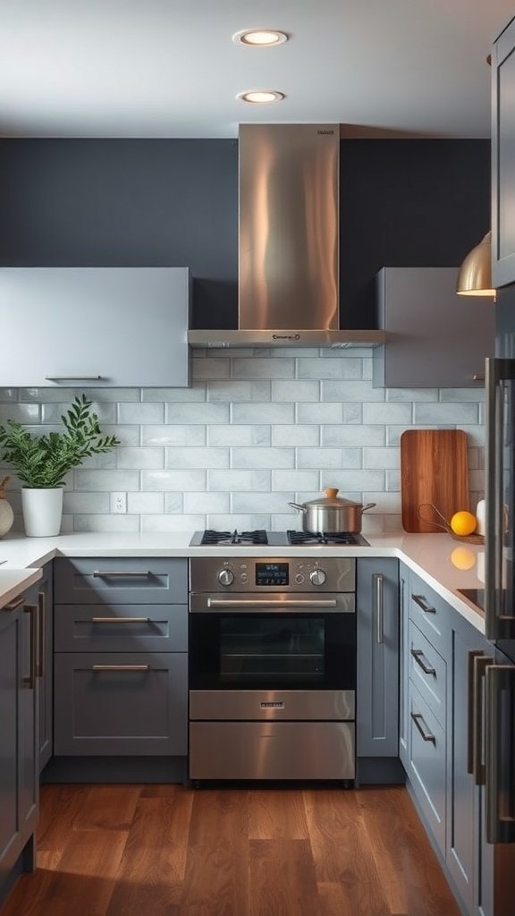 A modern kitchen layout featuring stylish cabinets and appliances.