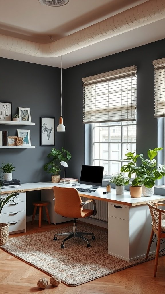 A cozy feminine home office featuring a desk, computer, and plants.