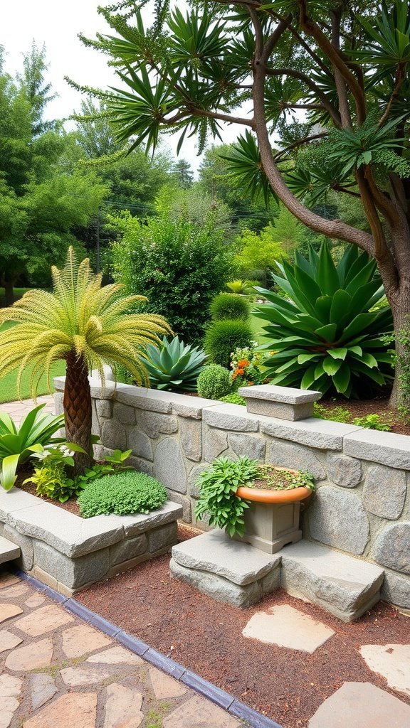 A landscape featuring tropical plants, stone walls, and a well-manicured garden.