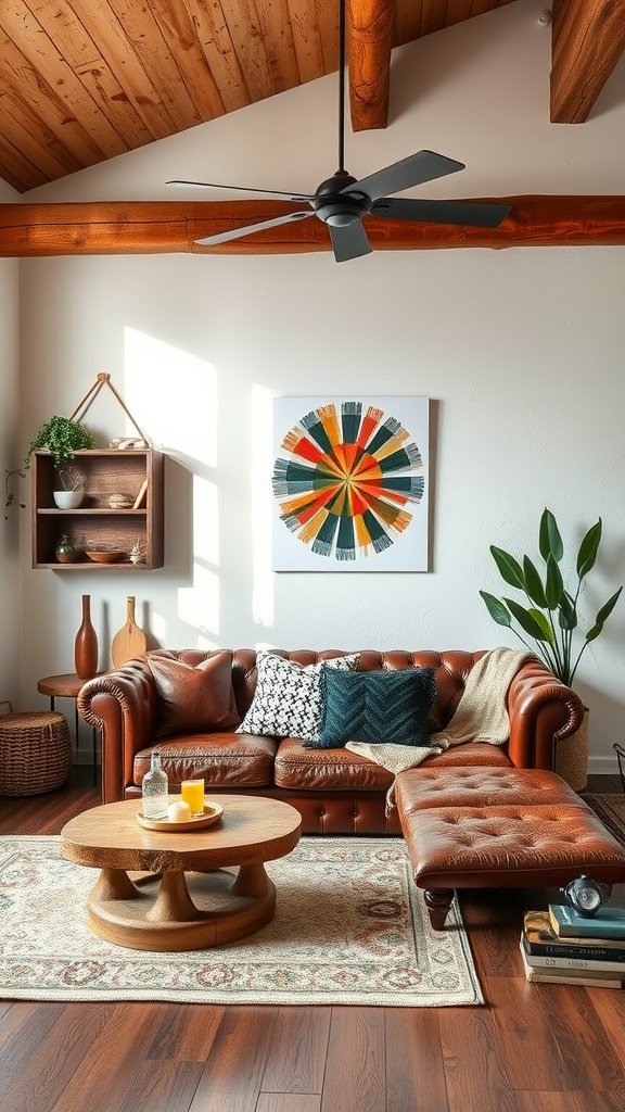 A cozy living room featuring a brown leather couch, colorful cushions, and a wooden coffee table.
