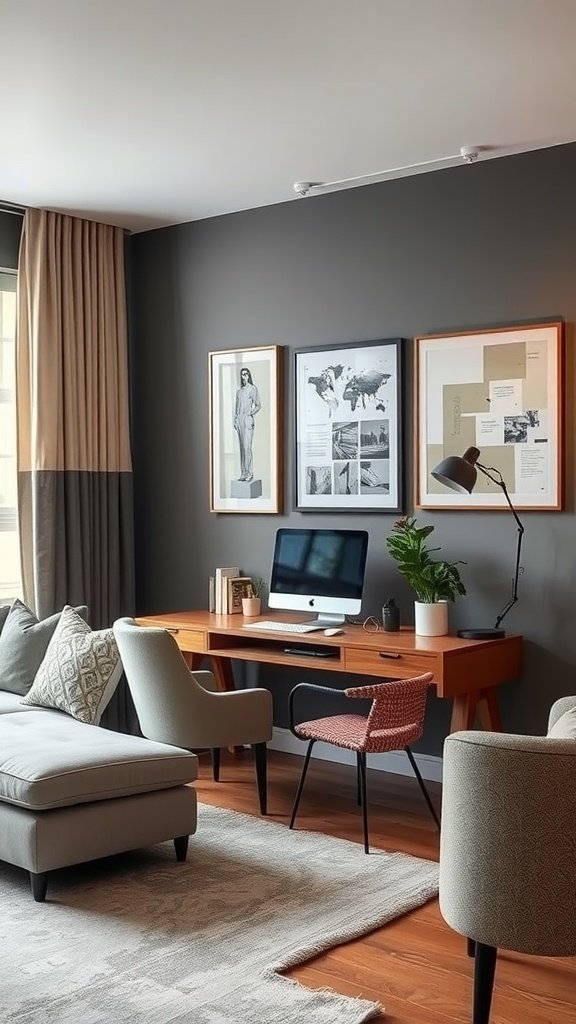 Office area with a computer desk setup in a living room, featuring stylish decor and comfortable seating.