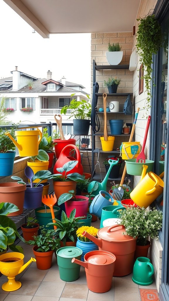 An array of colorful gardening pots, watering cans, and tools on a balcony garden.