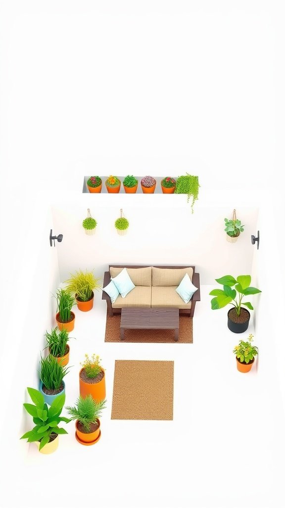 A well-arranged balcony garden with potted plants and a seating area.
