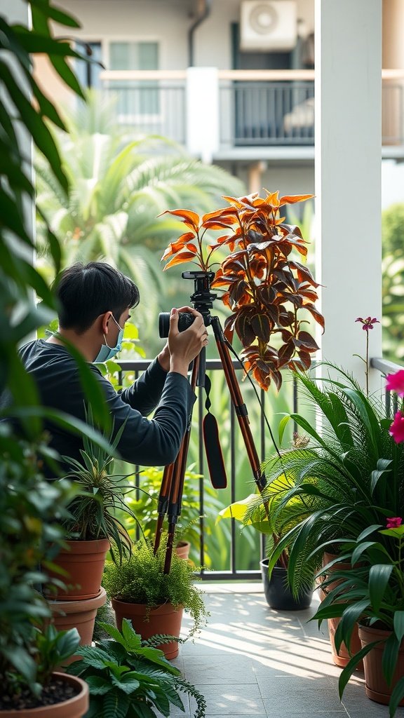 A person photographing plants on a balcony
