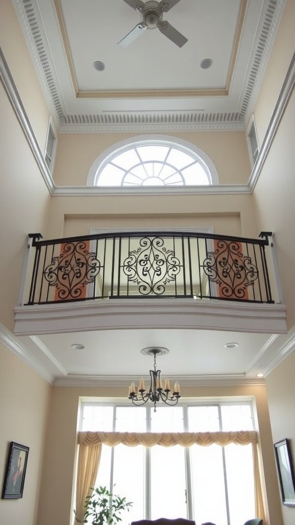 Interior view of a high ceiling with balcony railings, large windows, and chandelier.
