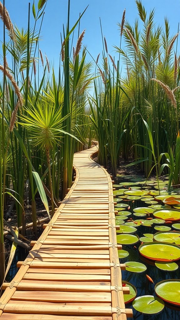 A scenic bamboo boardwalk leading through reeds near a calm water body.