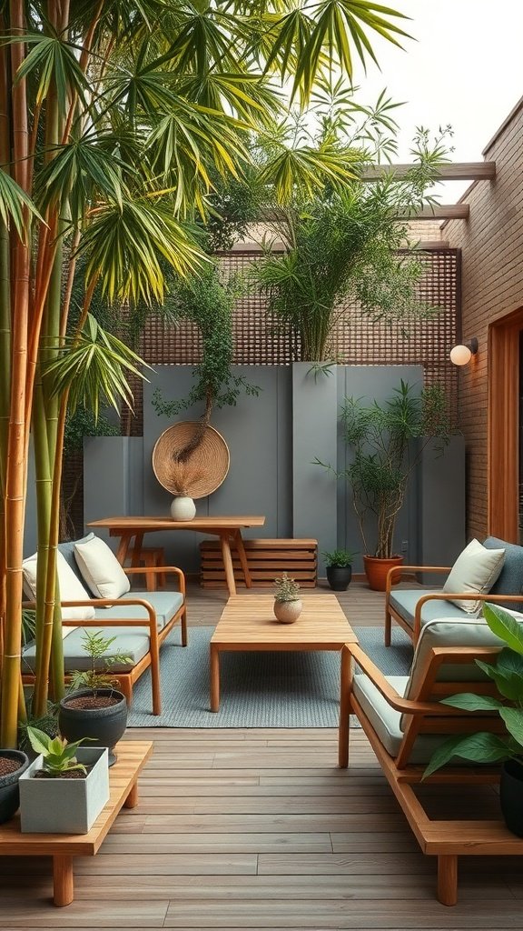 A stylish patio featuring bamboo flooring and lush green plants.