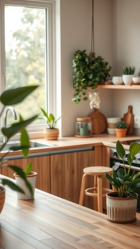 A cozy kitchen with bamboo countertops and indoor plants.