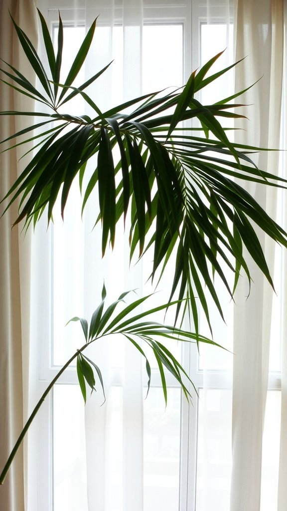 Bamboo Palm plant with green leaves in front of a light curtain