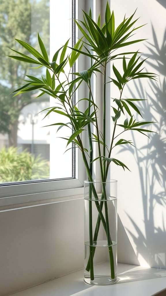 A bamboo palm in a clear vase filled with water, sitting by a window.