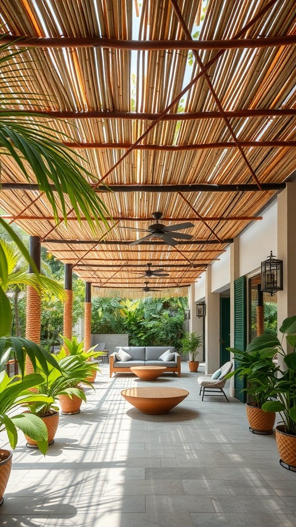 A patio with a bamboo roof covering, surrounded by lush greenery and modern outdoor furniture.