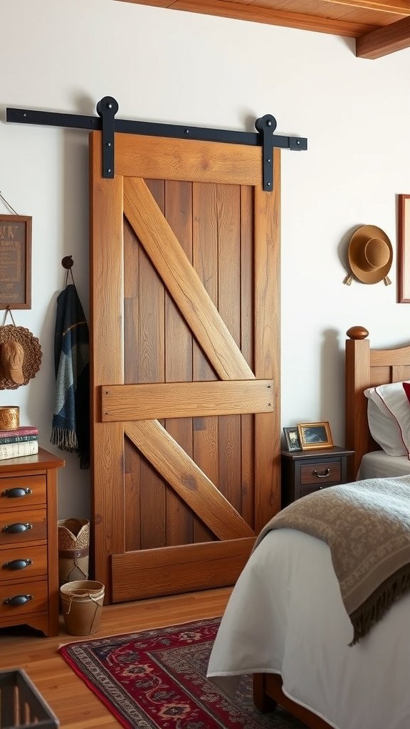 A wooden barn door closet in a cozy bedroom, showcasing western decor.