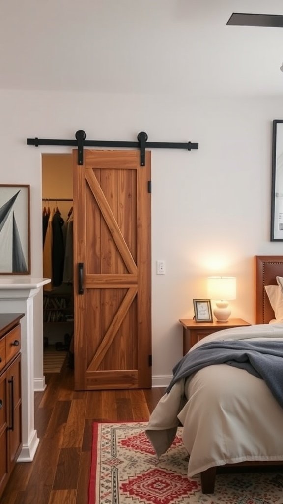 A stylish barn door closet in a cozy bedroom with wooden accents.