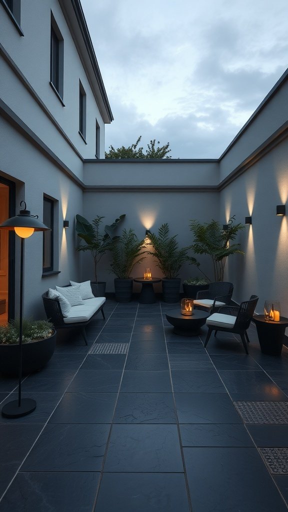 A modern patio space featuring basalt tiles, cozy seating, and ambient lighting.
