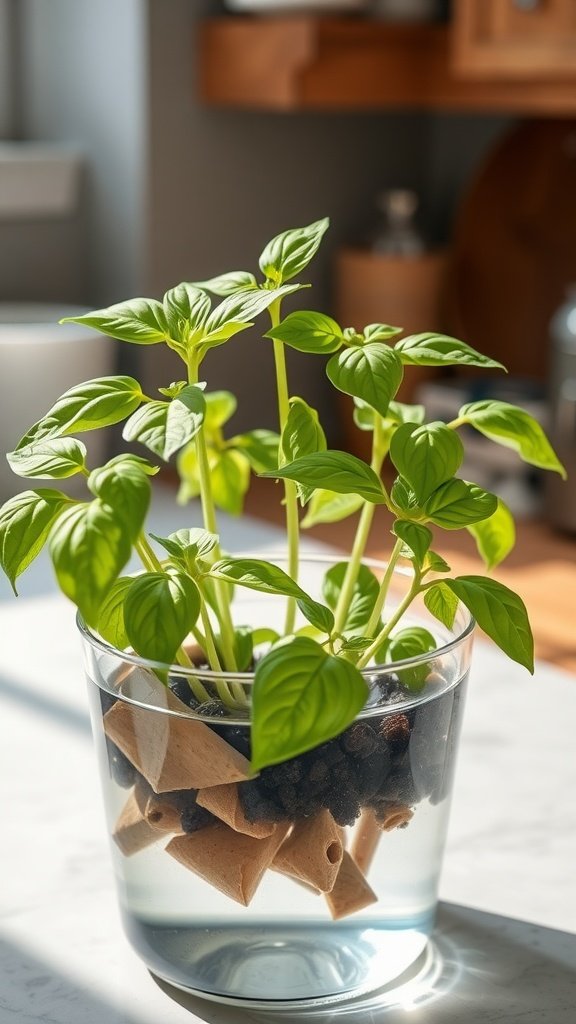 A vibrant basil plant growing in a glass of water.