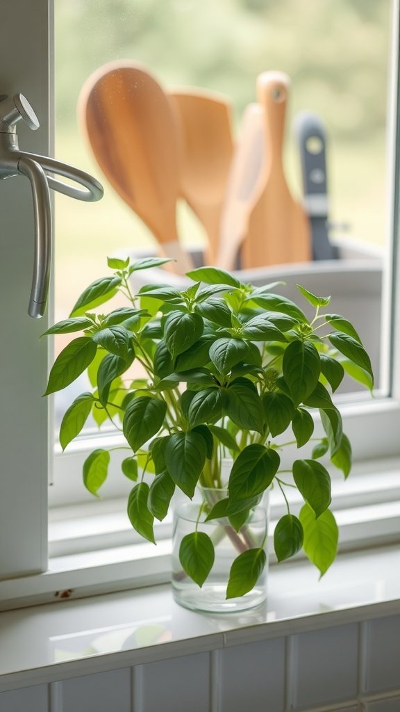 A vibrant basil plant in a glass jar, sitting on a windowsill with kitchen utensils in the background.