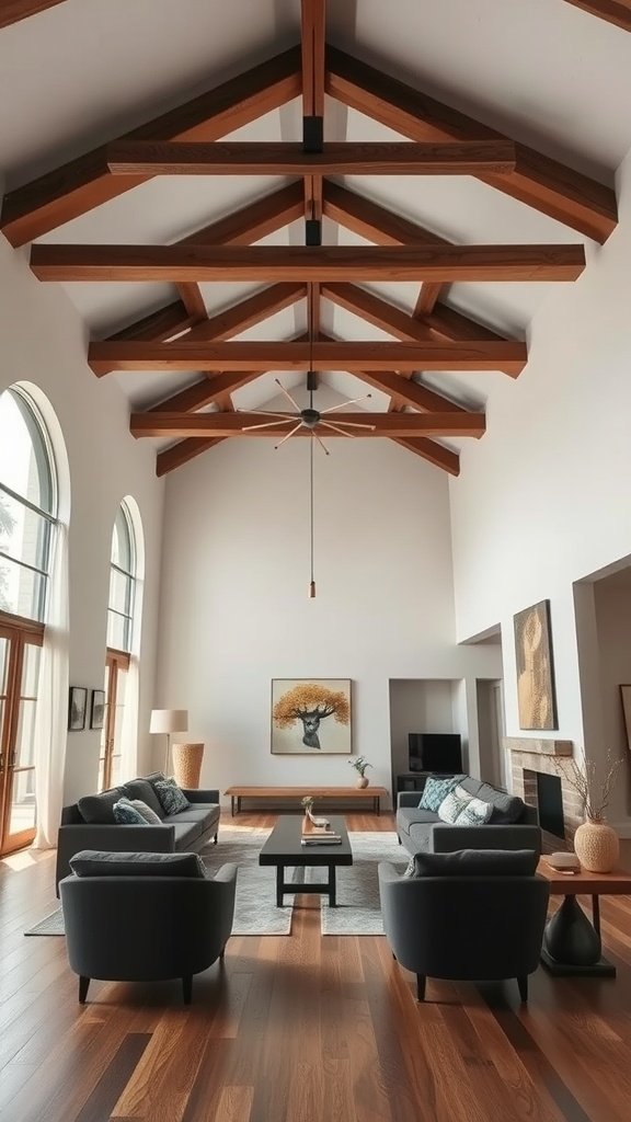 Living room featuring beautiful wooden ceiling beams, stylish sofas, and a modern layout.