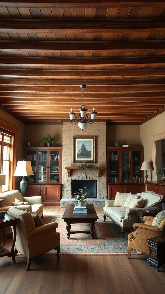 Cozy living room featuring wooden beamed ceiling, comfortable seating, and a warm ambiance.