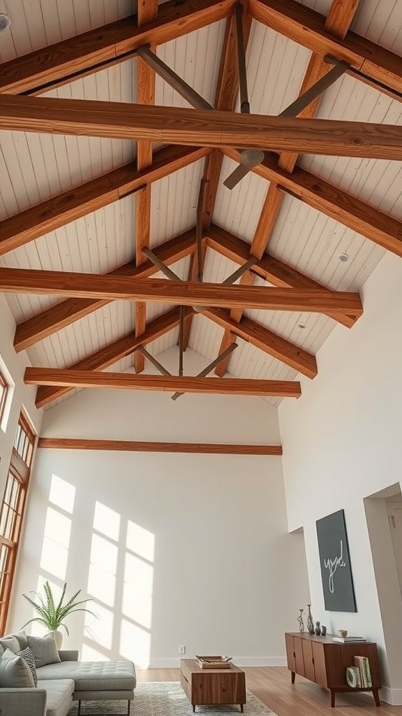 A living room showcasing impressive wooden ceiling beams.