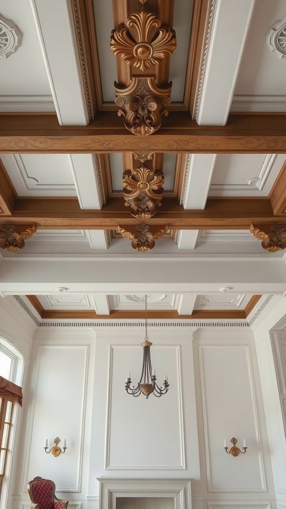 Ceiling beams with crown molding in a living room