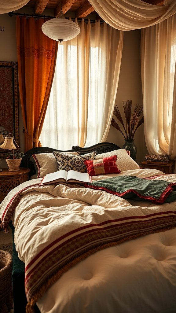 A beautifully arranged Indian bedroom featuring layered bedding and warm textures.