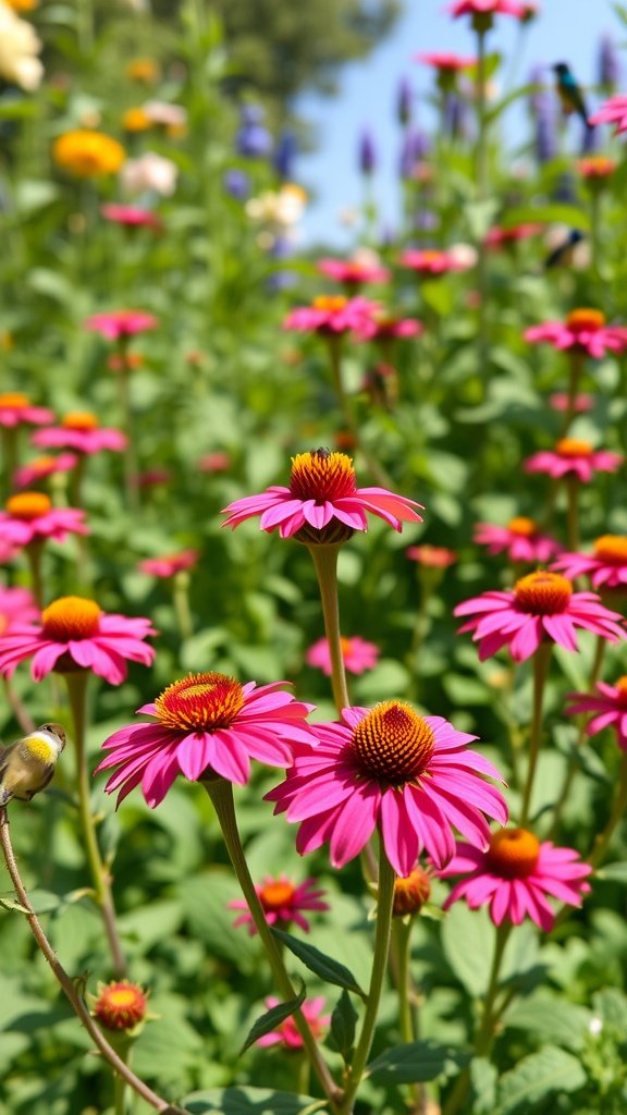 A vibrant display of pink Bee Balm flowers in full bloom with a blurred background of greenery.