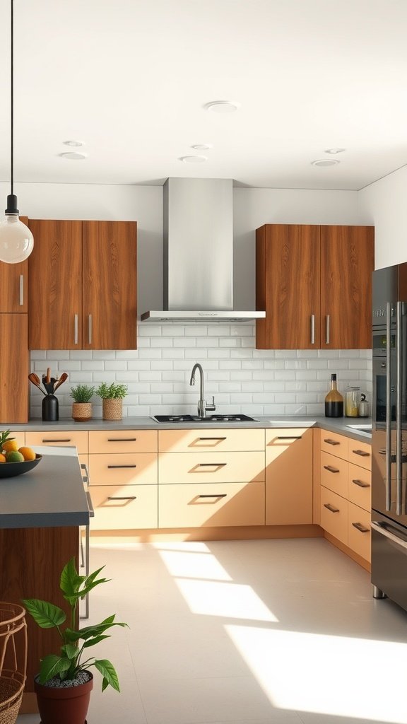 A modern kitchen with tan lower cabinets and white upper cabinets.