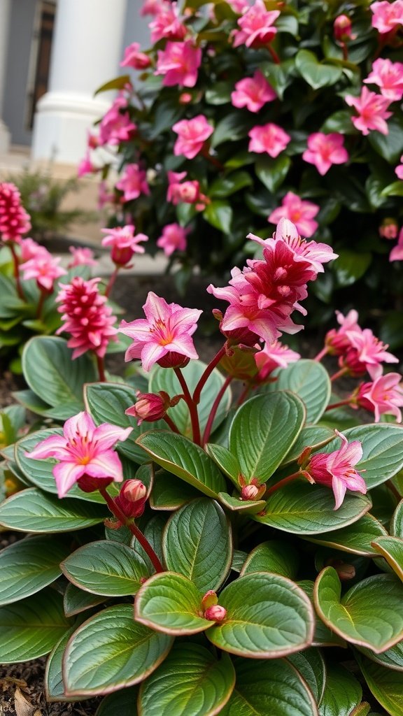A close-up view of Bergenia flowers with vibrant pink blooms and lush green leaves.