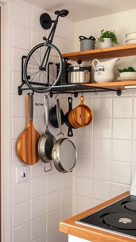 Bicycle rack style storage for pots and pans in a small kitchen