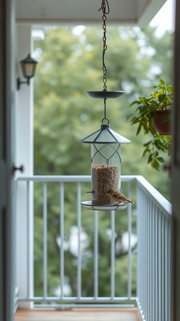 A cozy balcony with a bird feeder hanging, attracting local birds.