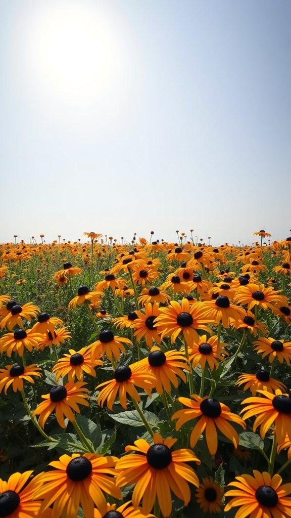 A field of bright yellow Black-eyed Susan flowers under a clear blue sky.
