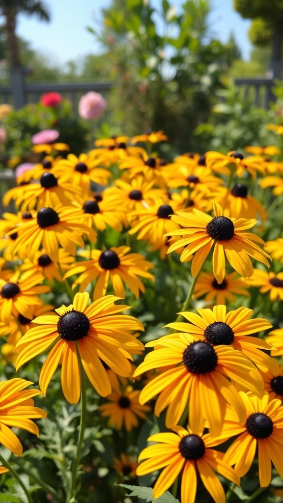 A vibrant cluster of black-eyed Susans with bright yellow petals and dark centers in a sunny garden setting.