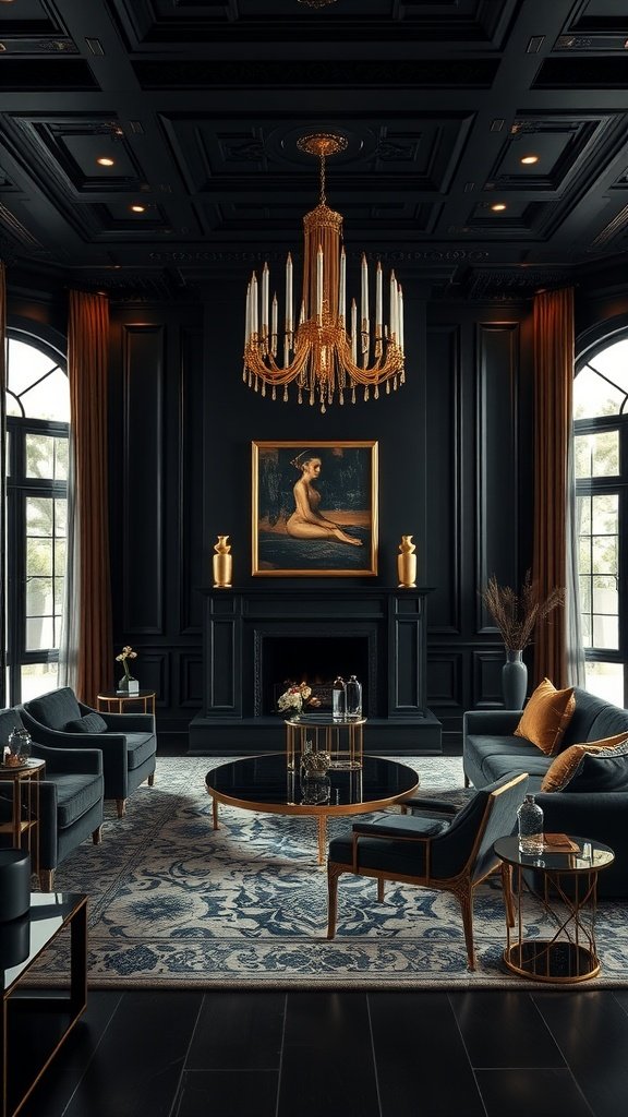 Elegant black living room with gold accents and chic decor.
