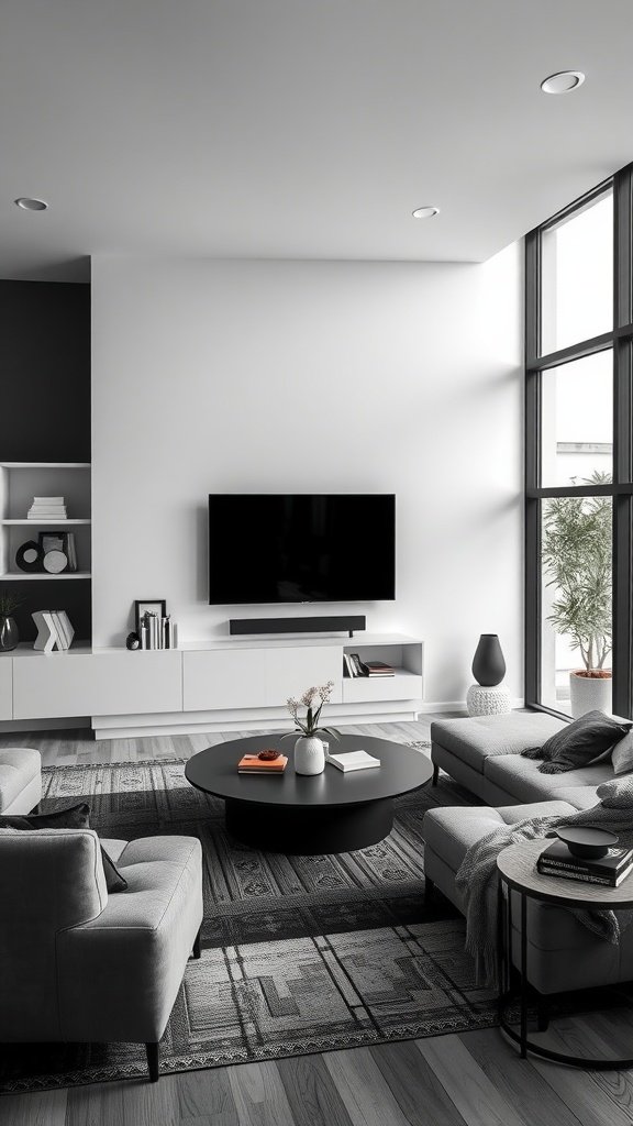 A modern living room featuring a black and grey color palette with stylish furniture.