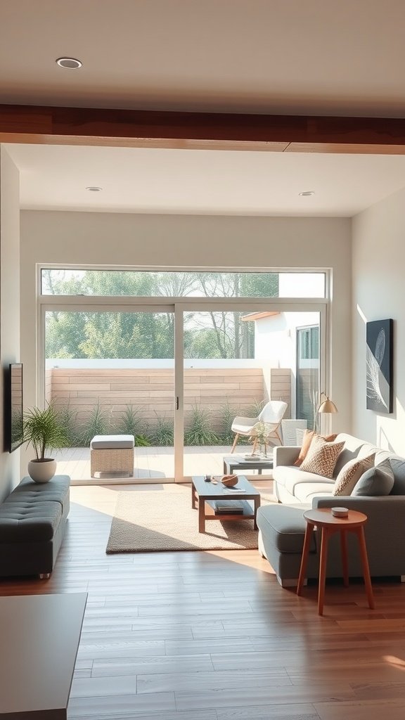 A bright living room with a view of an outdoor patio, showcasing a cozy atmosphere.