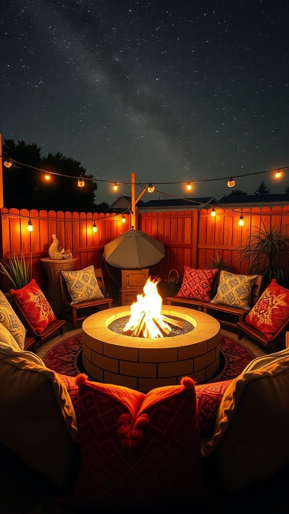 Bohemian outdoor fire pit area with cushions, lights, and a starry sky.
